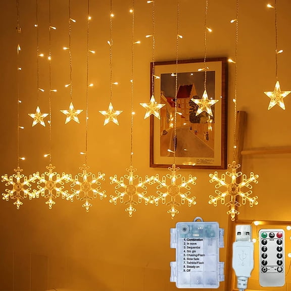 LINLIN Star Curtain String Lights, 3M 138LED Snowflakes Fairy Window Lights Battery Operated 8 Mode with Remote Control Timer for Christmas Halloween Wedding Party Indoor Outdoor Decor