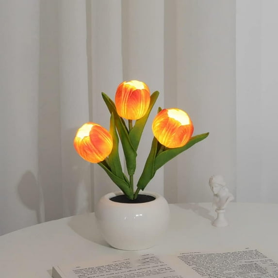 LINLIN Tulip Lamp, Simulation Tulip Night Light with Ceramic, Romantic Bedside Atmosphere Lamps LED Table Lamp Battery Powered for Bedroom Living Room Wedding Decoration and DIY Decor, Gift Idea