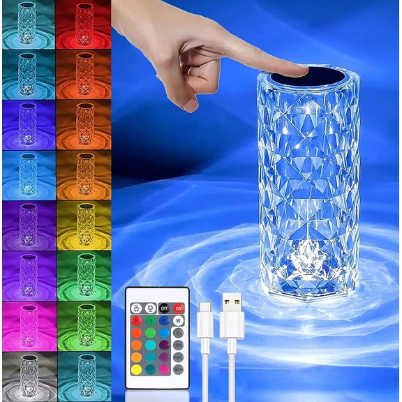 LINLIN Upgarded Diamond Crystal Table Lamp, 16 Colors Type-C USB Charging Touch Lamp Bedside Light with Remote Control, Acrylic Rose Rays LED Halloween Lights for Bedroom/Bar/Restaurant