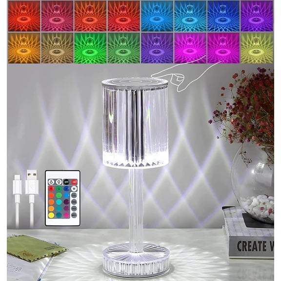 LINLIN Upgarded Diamond Crystal Table Lamp, 16 Colors Type-C USB Charging Touch Lamp Bedside Light with Remote Control, Acrylic Rose Rays LED Halloween Lights for Bedroom/Bar/Restaurant