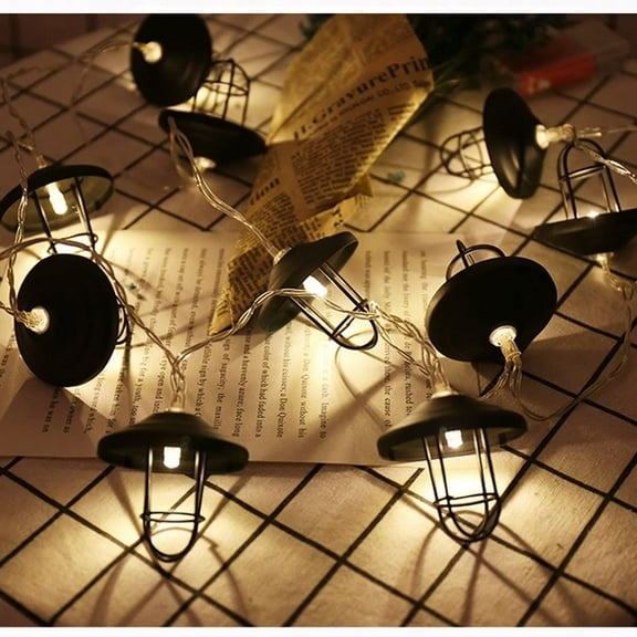 LINLIN Vintage Lampshade String Lights, 3M 20 LED Warm White Metal Lantern Cage Battery Operated Fairy String Lights Great for Home Patio Bedroom Garden Wedding Party Indoor Decoration (Black)