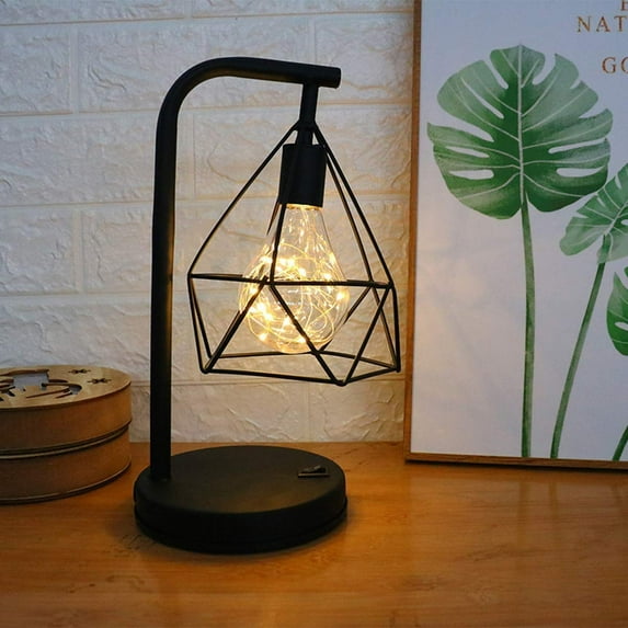 LINLIN Vintage Metal Table Lamp with Copper Wire Edison Bulb,Diamond Shape Black Retro Iron Desk Lamp Battery Operated BedsideNight Lights for Bedroom Office Wedding Party Decoration