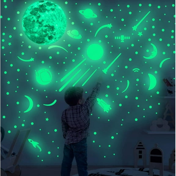LINLIN Wall Stickers, Glow in The Dark Spaceship Rocket, Glow in The Dark Moon for Ceiling Planets Space Wall Stickers Solar System Galaxy Wall Decals