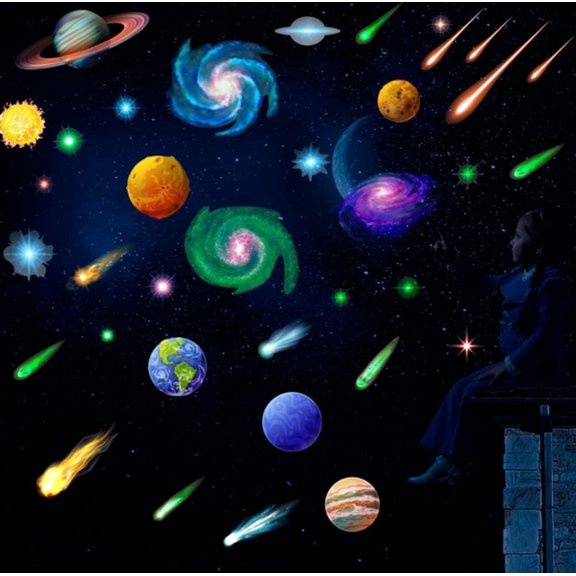LINLIN Wall Stickers, Glow in The Dark Milky Way, Glow in The Dark Moon for Ceiling Planets Space Wall Stickers Solar System Galaxy Wall Decals