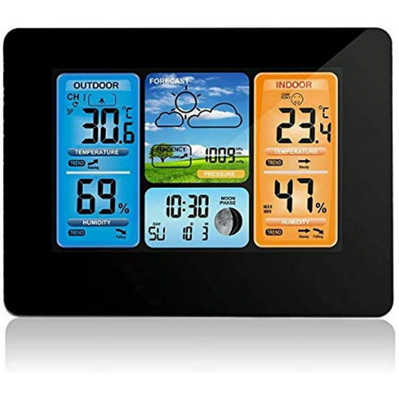 LINLIN Weather Station Clock with Outdoor Sensor, Weather Monitoring Home Alarm Clocks with Min/Max Display of Thermometer and Hygrometer,Barometer Alarm Moon Phrase