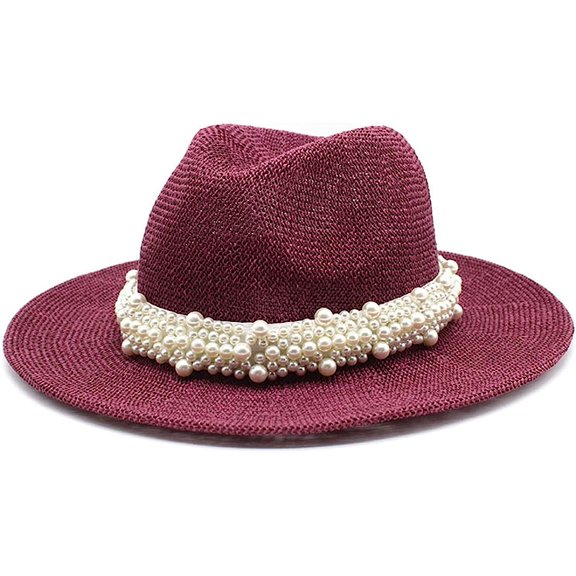 LINLIN Womens Classic Fedora Hat Trendy Felt Panama Hat with Pearl Belt Flat Top Wide Brim Classic Jazz Cap