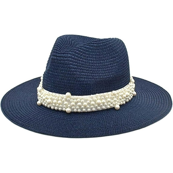 LINLIN Womens Classic Fedora Hat Trendy Felt Panama Hat with Pearl Belt Flat Top Wide Brim Classic Jazz Cap