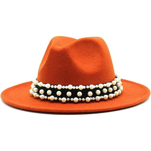 LINLIN Womens Classic Fedora Hat Trendy Felt Panama Hat with Pearl Belt Flat Top Wide Brim Classic Jazz Cap