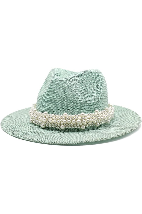 Womens Classic Fedora Hat Trendy Felt Panama Hat with Pearl Belt Flat Top Wide Brim Classic Jazz Cap