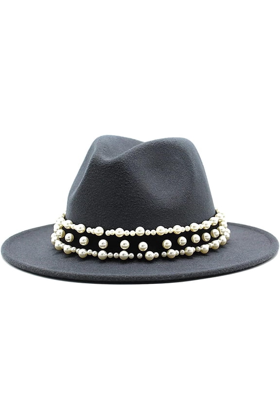 Womens Classic Fedora Hat Trendy Felt Panama Hat with Pearl Belt Flat Top Wide Brim Classic Jazz Cap