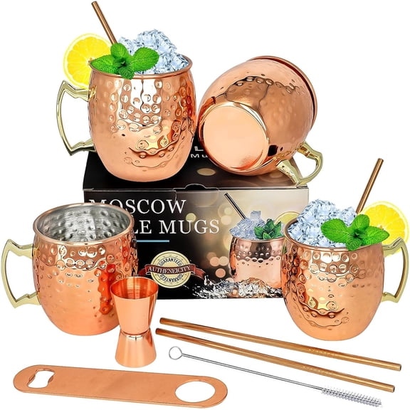 LINLL Moscow Mule Copper Mugs- Set of 4 Plted Stinless Steel Mug 18oz, for Chilled Drinks (4 pcs)