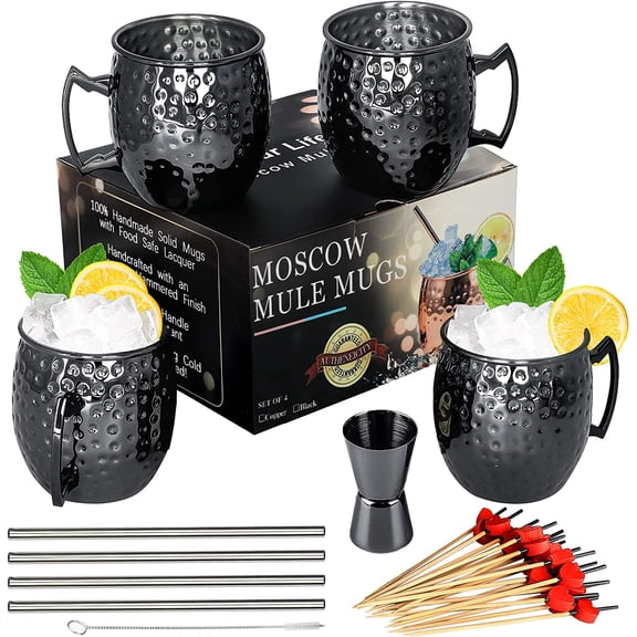 LINLL Moscow Mule Mugs- Set of 4 Gunmetl Blck Plted Stinless Steel Mug 18oz, Mesuring Cup, Cocktil Picks for Chilled Drinks (4pcs)