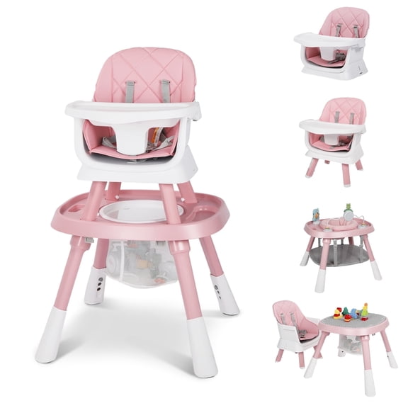 LINLUX 15 in 1 Baby High Chair, Toddler Booster Seat for Eat, Infant Dining Chair W/Stool, Pink