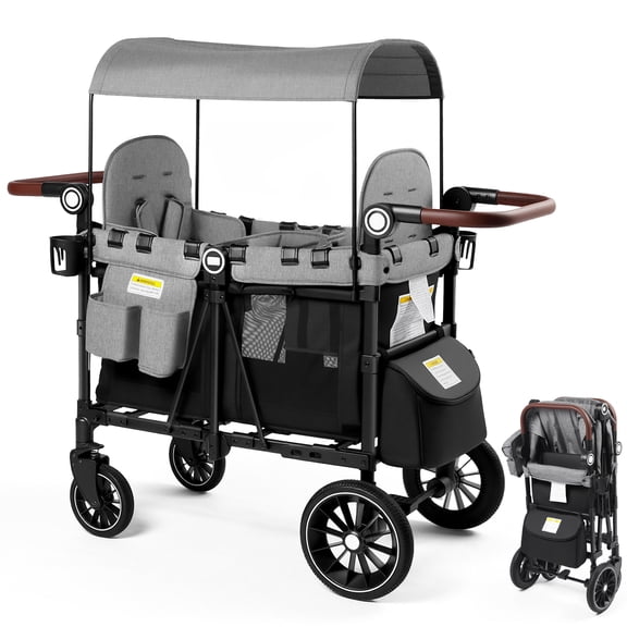 LINLUX 2 Kids Wagon Stroller, Foldable Outdoor 2-Seat Stroller Wagon, Removable Canopy, 55 Pound, Black Gray