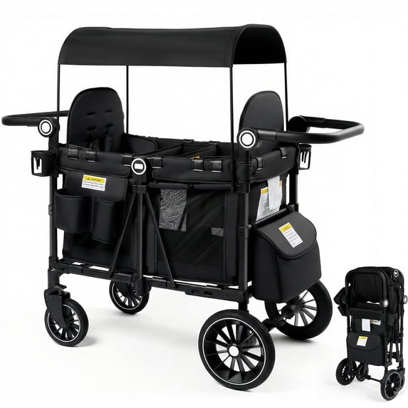 LINLUX 2 Kids Wagon Stroller, Foldable Outdoor 2-Seat Stroller Wagon, Removable Canopy, 55 Pound, Black