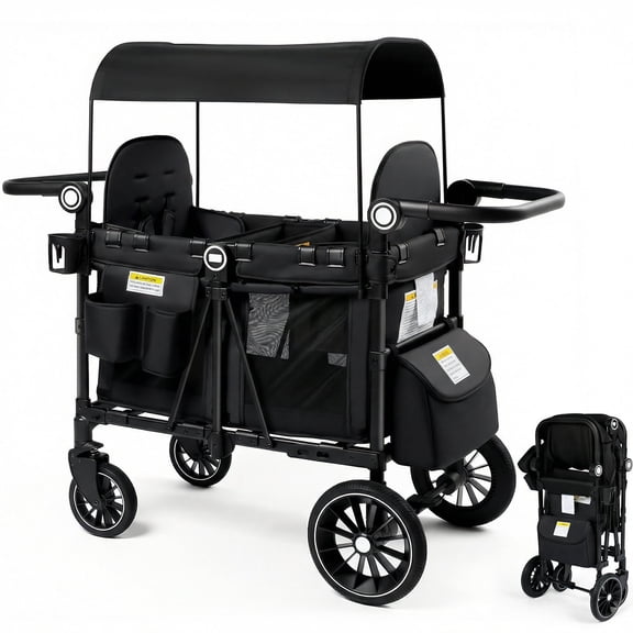 LINLUX 2 Kids Wagon Stroller, Foldable Outdoor 2-Seat Stroller Wagon, Removable Canopy, 55 Pound, Black