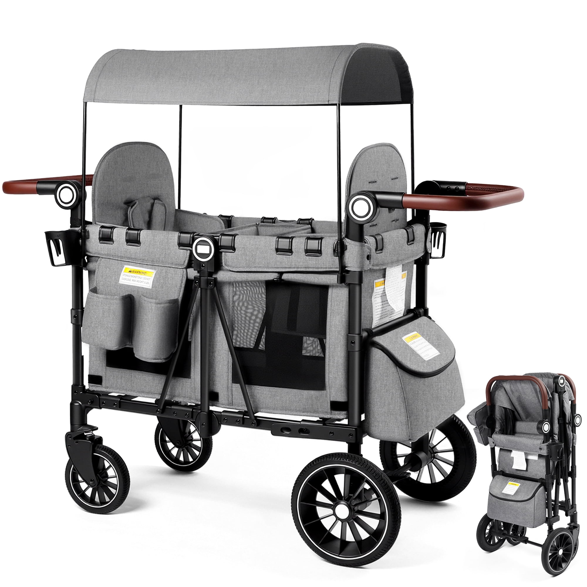 LINLUX 2 Kids Wagon Stroller, Foldable Outdoor 2-Seat Stroller Wagon, Removable Canopy, 55 Pound, Gray