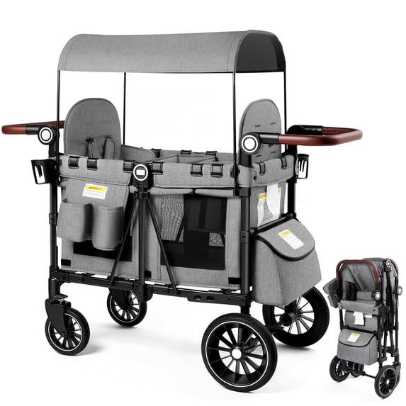 LINLUX 2 Kids Wagon Stroller, Foldable Outdoor 2-Seat Stroller Wagon, Removable Canopy, 55 Pound, Gray