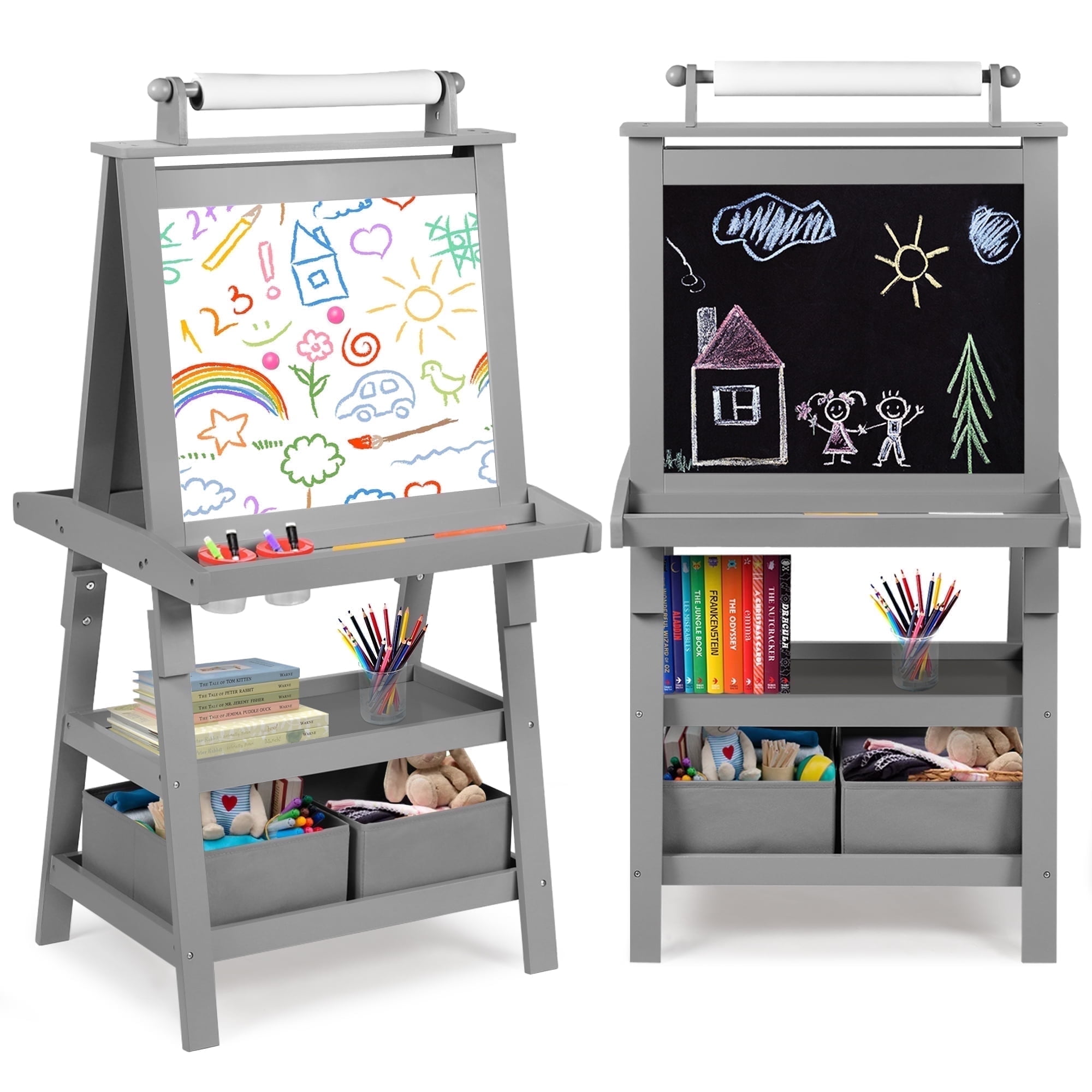 Gray 3-in-1 Kids Art Easel with Magnetic Whiteboard and Chalkboard