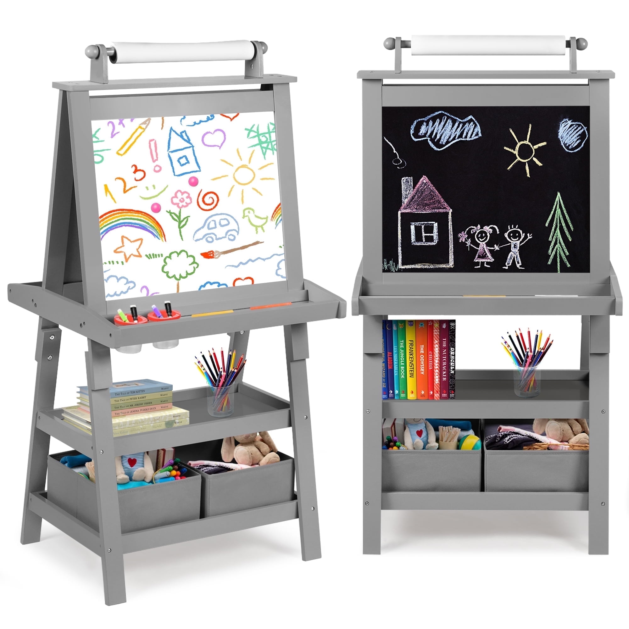 Gray 3-in-1 Kids Art Easel with Magnetic Whiteboard and Chalkboard