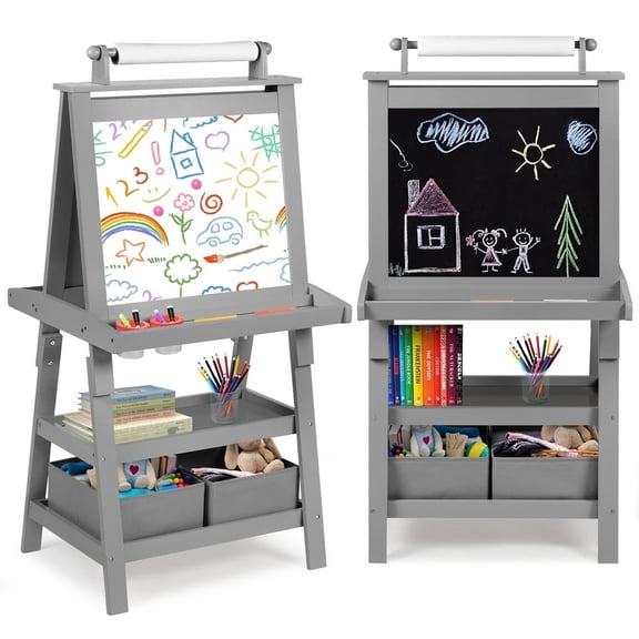 LINLUX 3 in 1 Art Easel for Kid, Whiteboard for Kid with Stand, Magnetic Chalkboard Pizarra, Grey
