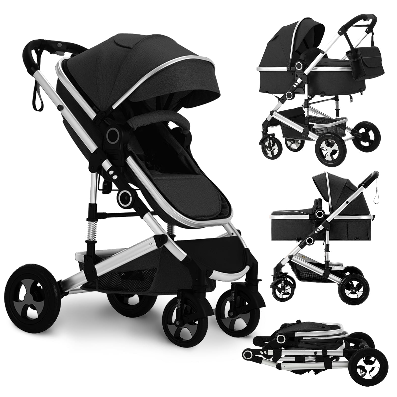 LINLUX 2 in 1 Baby Stroller w/ Diaper Bag & Big Wheel, Infant Pushchair, 23 Pounds,  Black