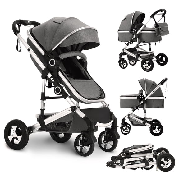 LINLUX 3 in 1 Convertible Baby Stroller, Infant Stroller with Big Wheel, Kids Pushchair Dark Grey