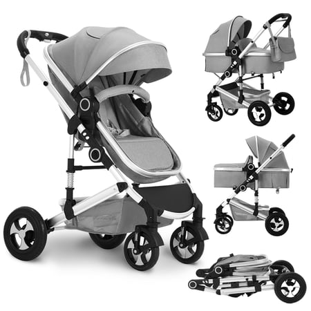 LINLUX 2 in 1 Baby Stroller w/ Diaper Bag & Big Wheel, Infant Pushchair, 23 Pounds, Grey