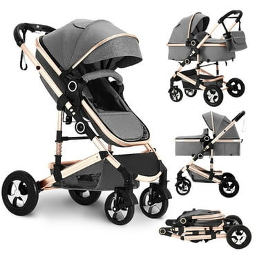 LINLUX 3 in 1 Convertible Baby Stroller, Infant Stroller with Big Wheel, Kids Pushchair, Rose Gold