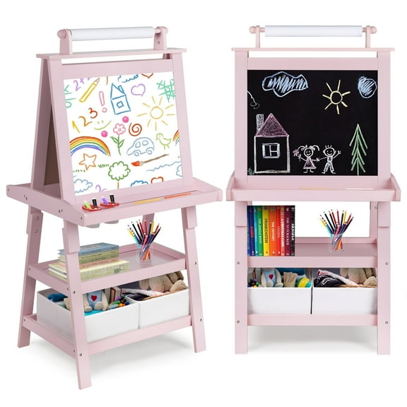 LINLUX 3 in 1 Kids Art Easel Drawing Board Double-Sided Whiteboard Chalkboard, Pink