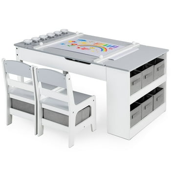 LINLUX 3 in 1 Kid Table & Chair Set Drawing, Child Activity Table, Kids Table Set Painting, Grey
