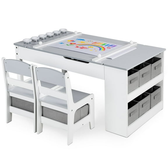 LINLUX 3 in 1 Kid Table & Chair Set Drawing, Child Activity Table, Kids Table Set Painting, Grey