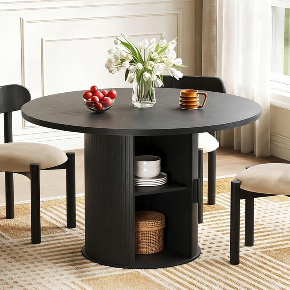 LINLUX 47-inch Round Dining Table with Storage, Modern Fluted Design Side Shelf for Dining Room, Kitchen, Perfect for 4-6 People (Black)
