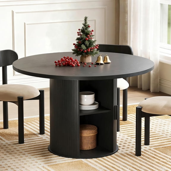 LINLUX 47-inch Round Dining Table with Storage, Modern Fluted Design Side Shelf for Dining Room, Kitchen, Perfect for 4-6 People (Black)