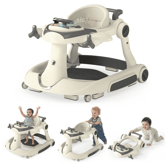 LINLUX 5 in 1 Foldable Baby Walker 3 Heights, Toddler Activity Walker w/Music & Lights, Beige