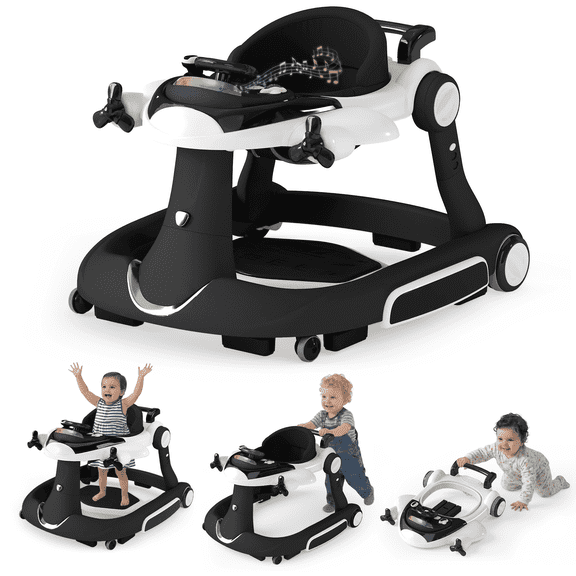 LINLUX 5 in 1 Foldable Baby Walker 3 Heights, Toddler Activity Walker w/Music & Lights, Black