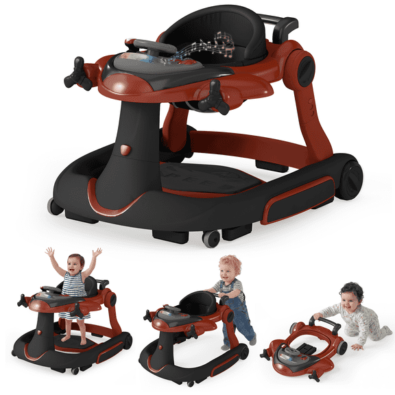 LINLUX 5 in 1 Foldable Baby Walker 3 Heights, Toddler Activity Walker w/Music & Lights, Red