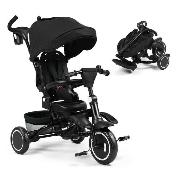 LINLUX Kids Trike Tricycle for Toddlers, 8 in 1 Folding Toddler Tricycle Bike w/Rotatable Seat, Black