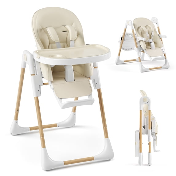 LINLUX Foldable High Chair for Babies, Toddler Eating Chair with Detachable Double Trays, Beige