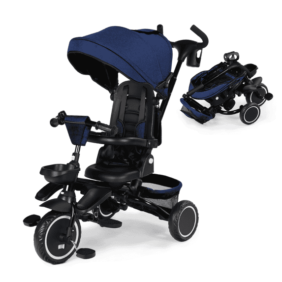 LINLUX 8 in 1 Kids Tricycle, Folding Toddler Trike with Push Handle, Tricycle for Kids, Blue