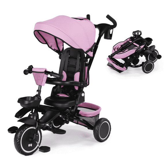LINLUX 8 in 1 Kids Tricycle, Folding Toddler Trike with Push Handle, Tricycle for Kids, Pink