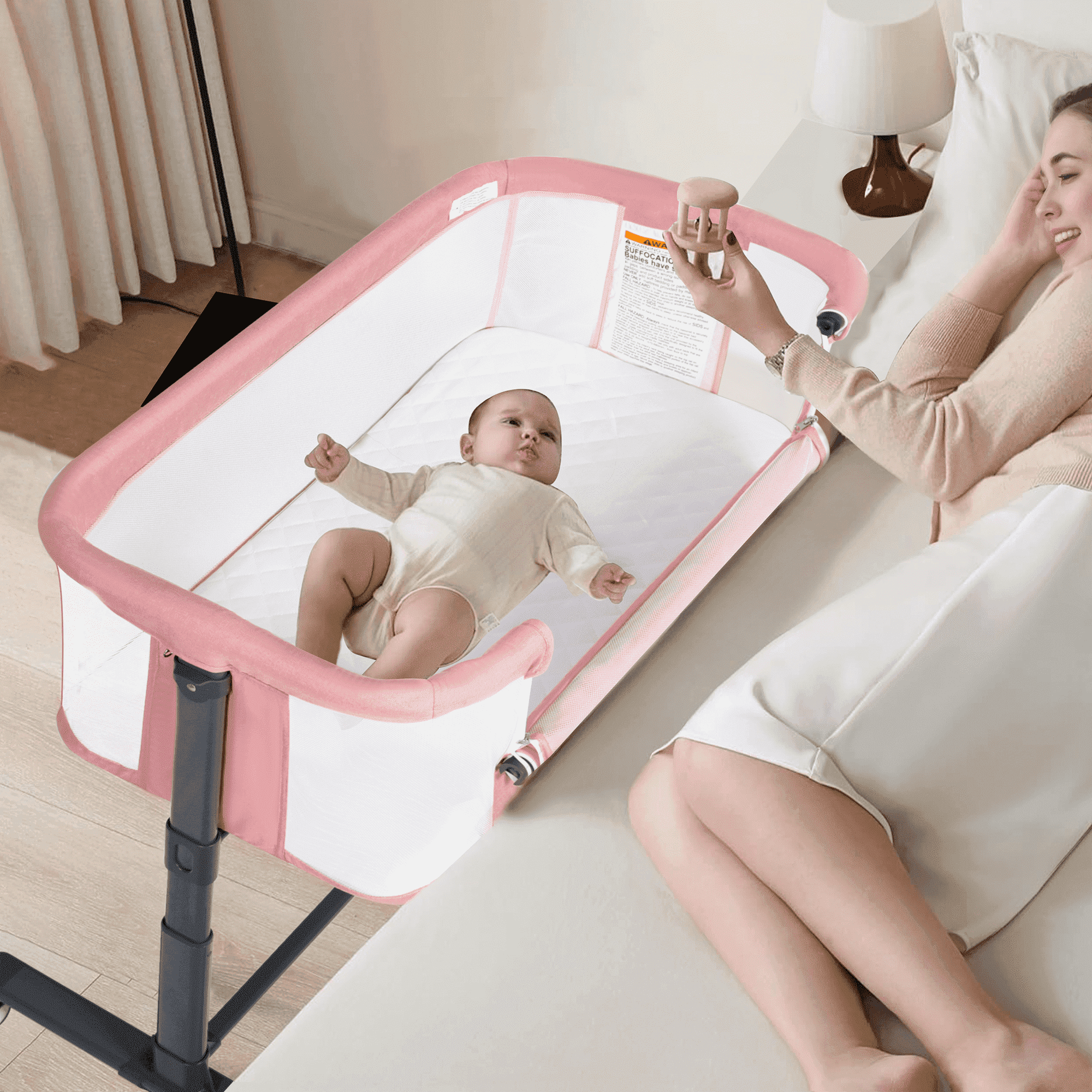 LINLUX Adjustable Baby Bassinet, Bedside Bassinet for Babies, Portable Newborn Bedside Crib, Pink