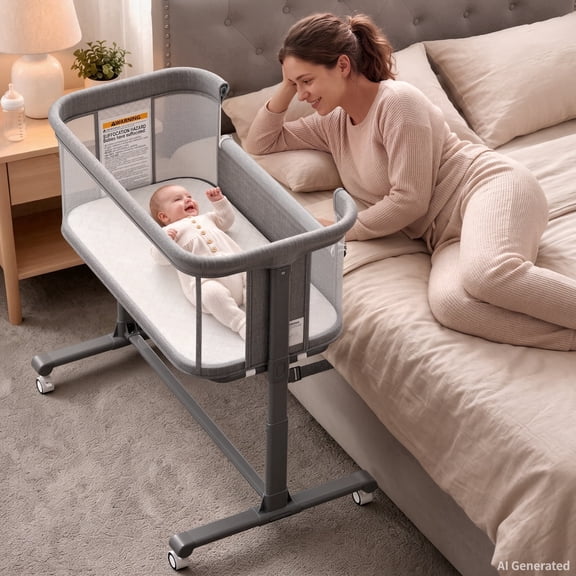 LINLUX Baby Bassinet, 6-Height Adjustable Newborn Bedside Bassinet with Wheels, All-Sided Mesh, Gray