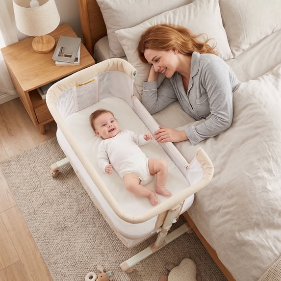LINLUX Baby Bassinet,6-Height Adjustable Bedside Bassinet with Wheels,Mosquito Net & All-Sided Mesh,Beige
