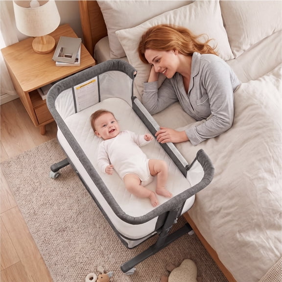 LINLUX Baby Bassinet,6-Height Adjustable Bedside Bassinet with Wheels,Mosquito Net & All-Sided Mesh, Gray