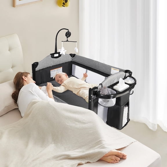 LINLUX Foldable Baby Bedside Crib Bassinet, Infant Pack and Play Playard, Newborn Playpen Changing Table,Gray
