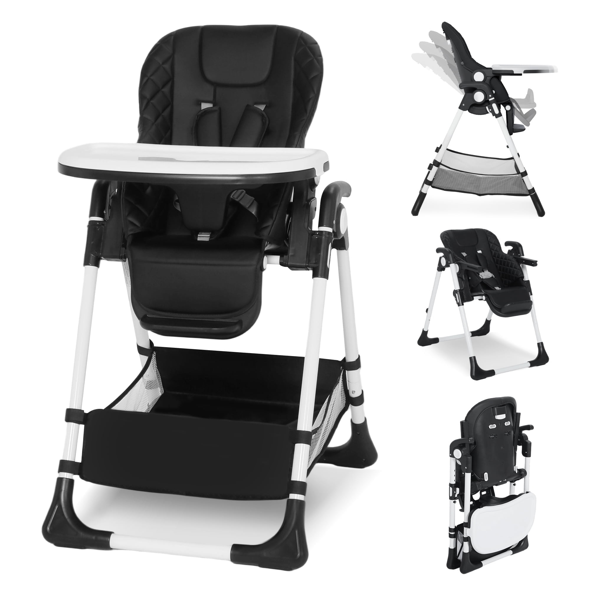 LINLUX Foldable Baby High Chair, Adjustable Feeding Chair for Toddler w/Removable Double Tray, Black