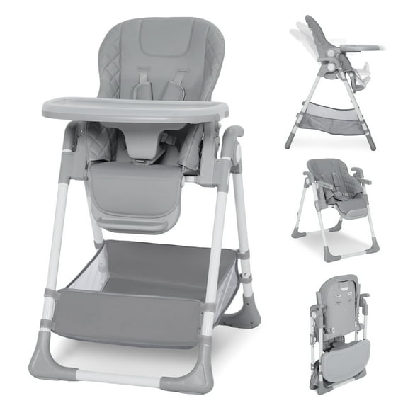 LINLUX Foldable Baby High Chair, Adjustable Feeding Chair for Toddler w/Removable Double Tray, Gray