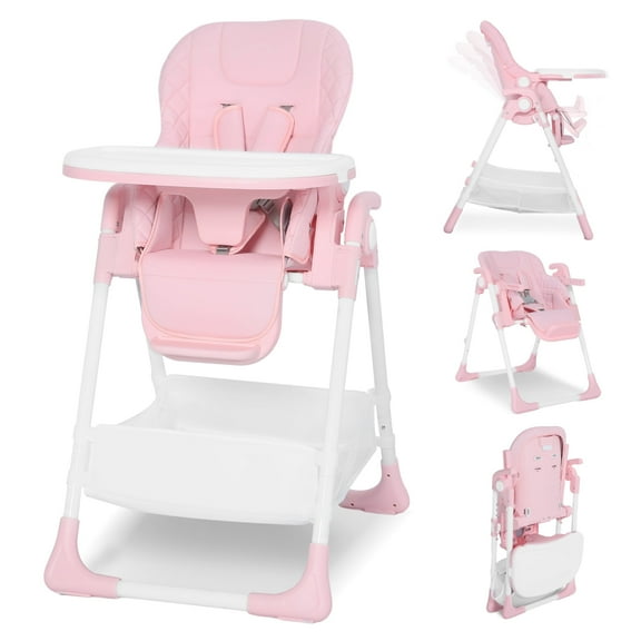 LINLUX Foldable Baby High Chair, Adjustable Feeding Chair for Toddler w/Removable Double Tray, Pink