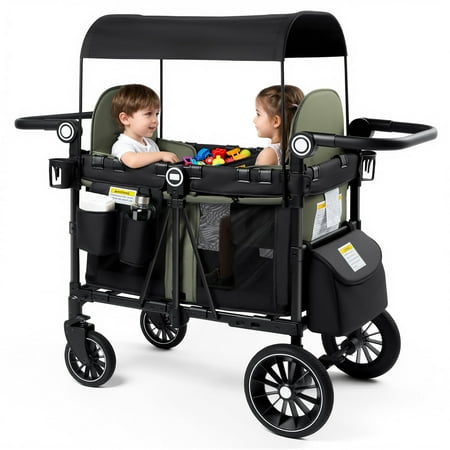 LINLUX 2 Kids Wagon Stroller, Foldable Outdoor 2-Seat Stroller Wagon, Removable Canopy, 55 Pound, Green